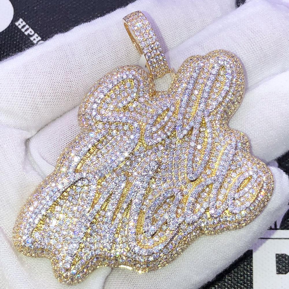 Self Made Cursive Bling Bling CZ Iced Out Pendant Yellow Gold HipHopBling