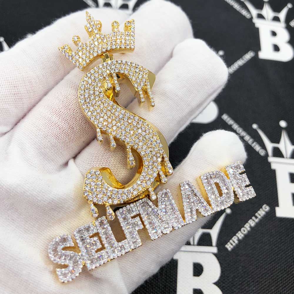 Self Made S Crown CZ Hip Hop Iced Out Pendant White Gold HipHopBling