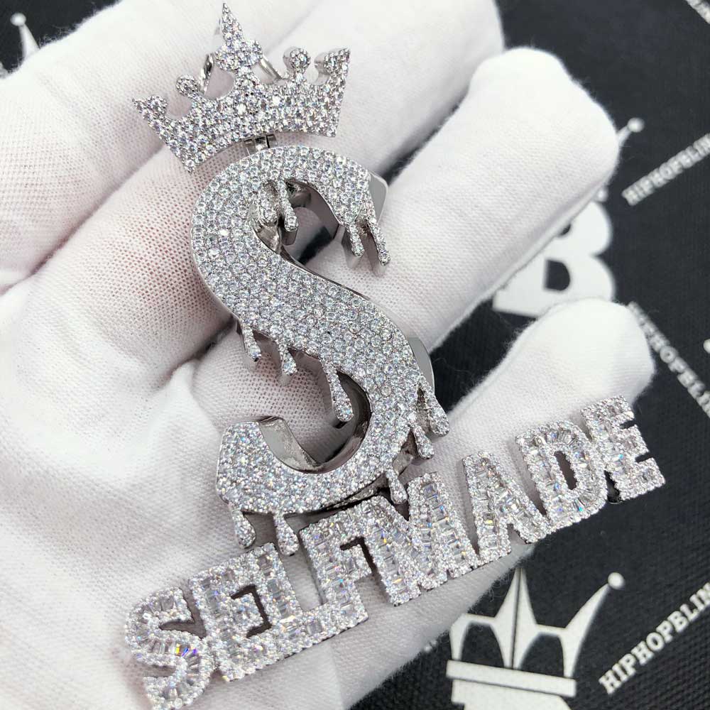 Self Made S Crown CZ Hip Hop Iced Out Pendant White Gold HipHopBling