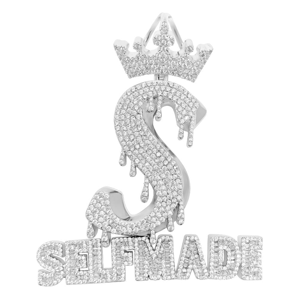 Self Made S Crown CZ Hip Hop Iced Out Pendant White Gold HipHopBling