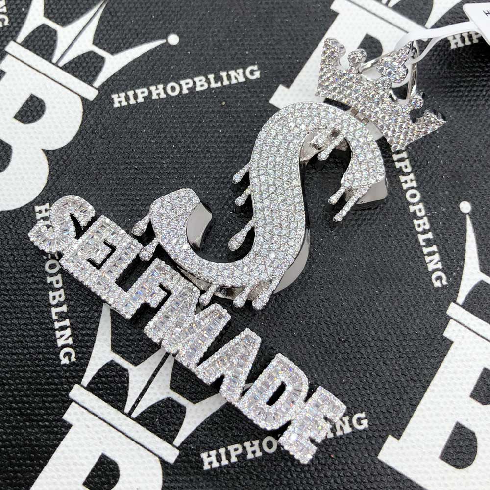 Self Made S Crown CZ Hip Hop Iced Out Pendant White Gold HipHopBling