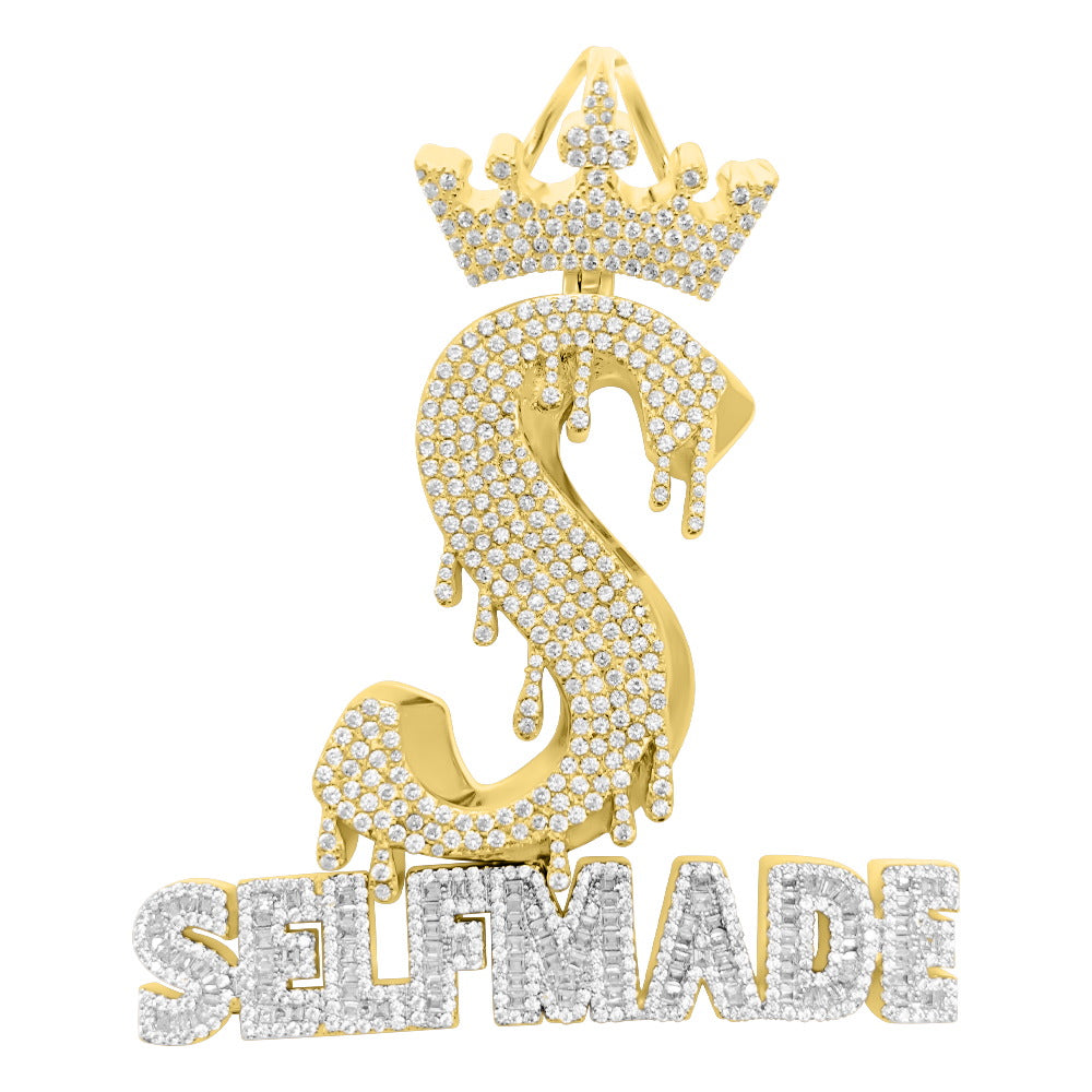 Self Made S Crown CZ Hip Hop Iced Out Pendant Yellow Gold HipHopBling