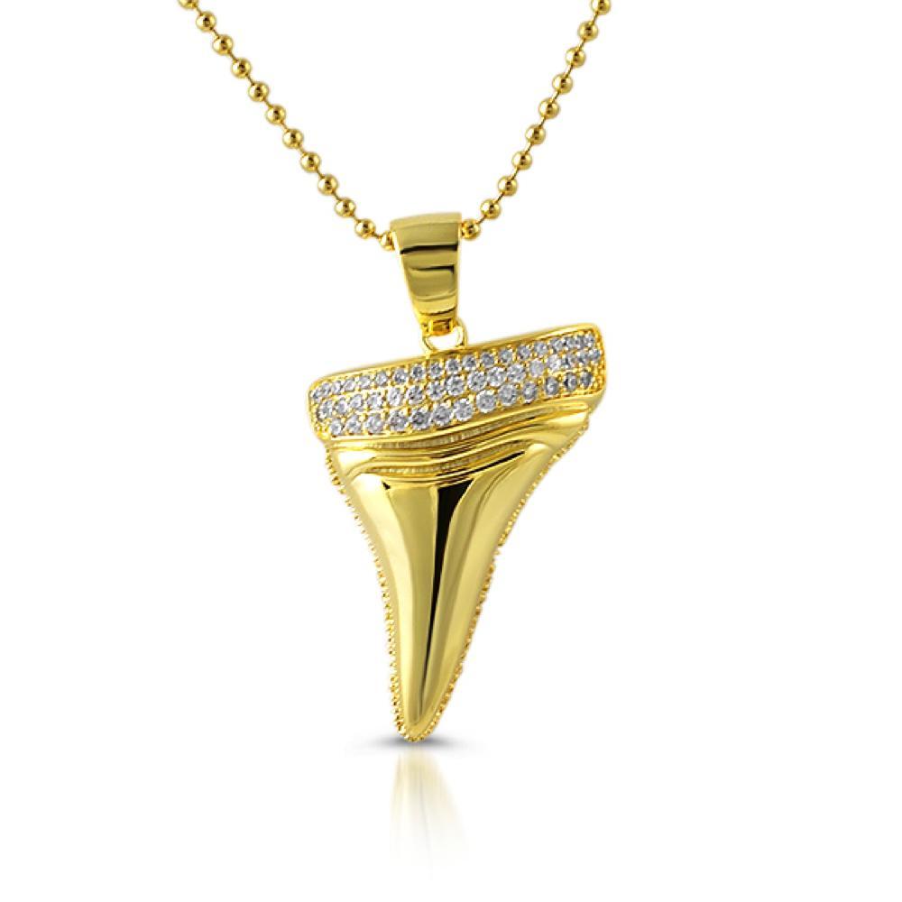 Shark Tooth Design CZ Gold Pendant HipHopBling