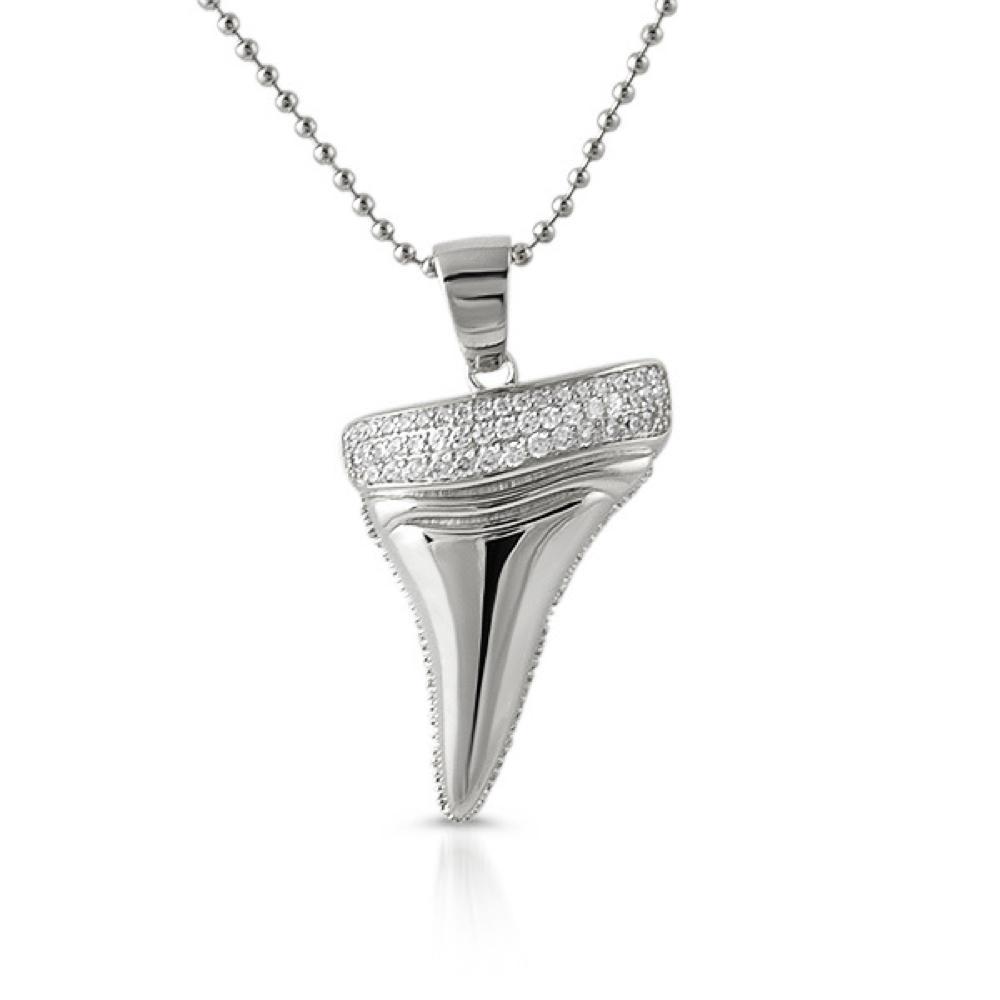 Shark Tooth Design CZ Rhodium Pendant HipHopBling