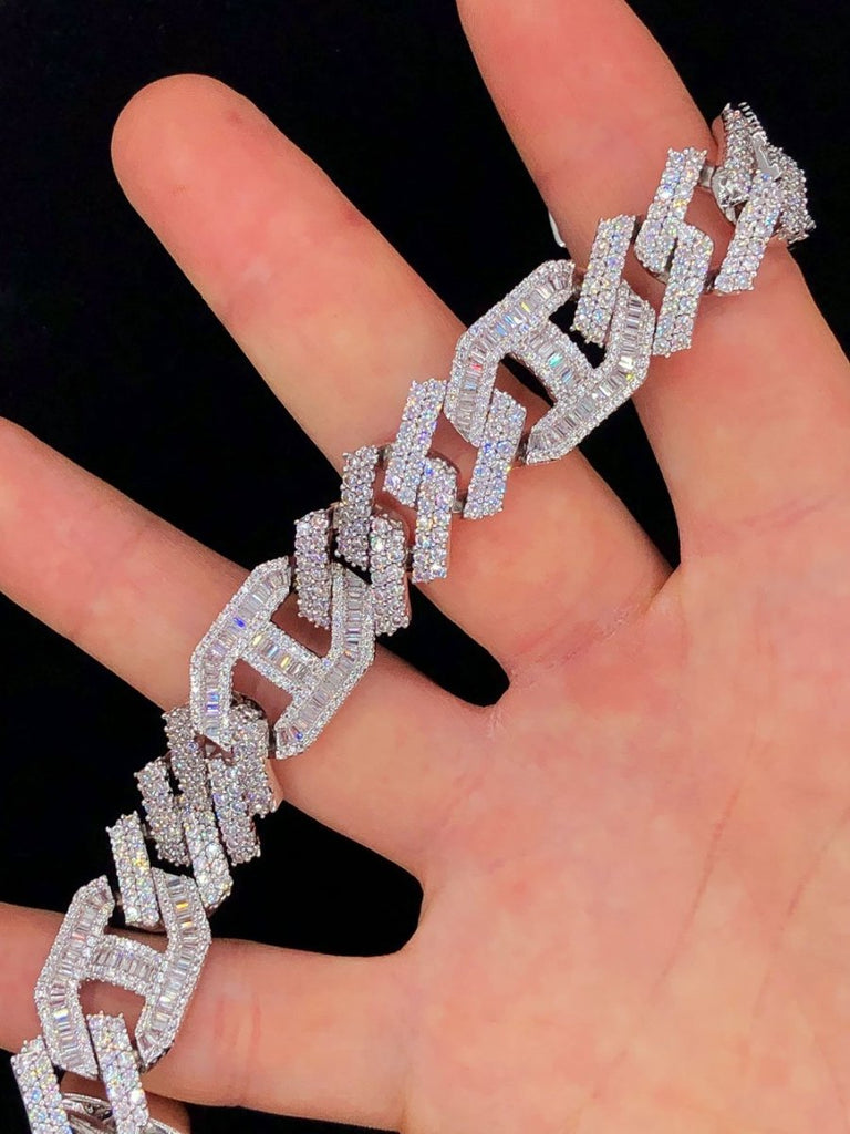 Sharp Baguette Mariner Figaro Iced Out Hip Hop Bracelet White Gold 8" HipHopBling