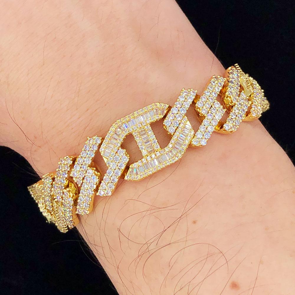 Sharp Baguette Mariner Figaro Iced Out Hip Hop Bracelet Yellow Gold 8" HipHopBling
