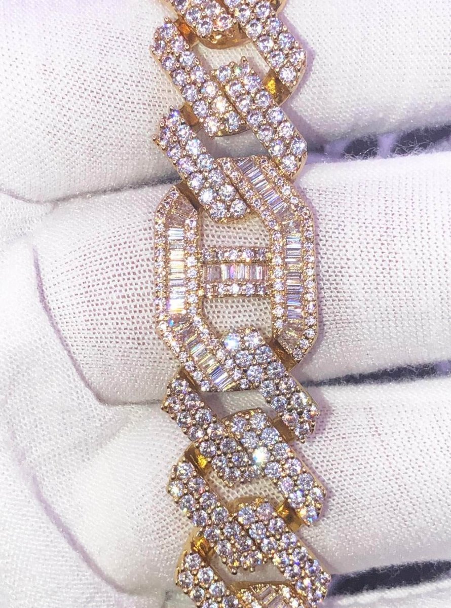 Sharp Baguette Mariner Figaro Iced Out Hip Hop Bracelet Yellow Gold 8" HipHopBling