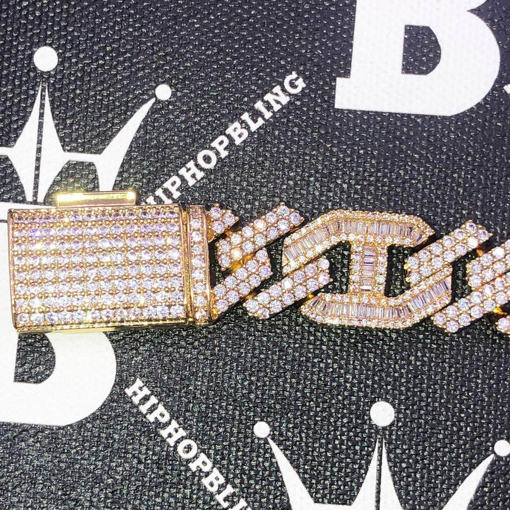 Sharp Baguette Mariner Figaro Iced Out Hip Hop Bracelet Yellow Gold 8" HipHopBling