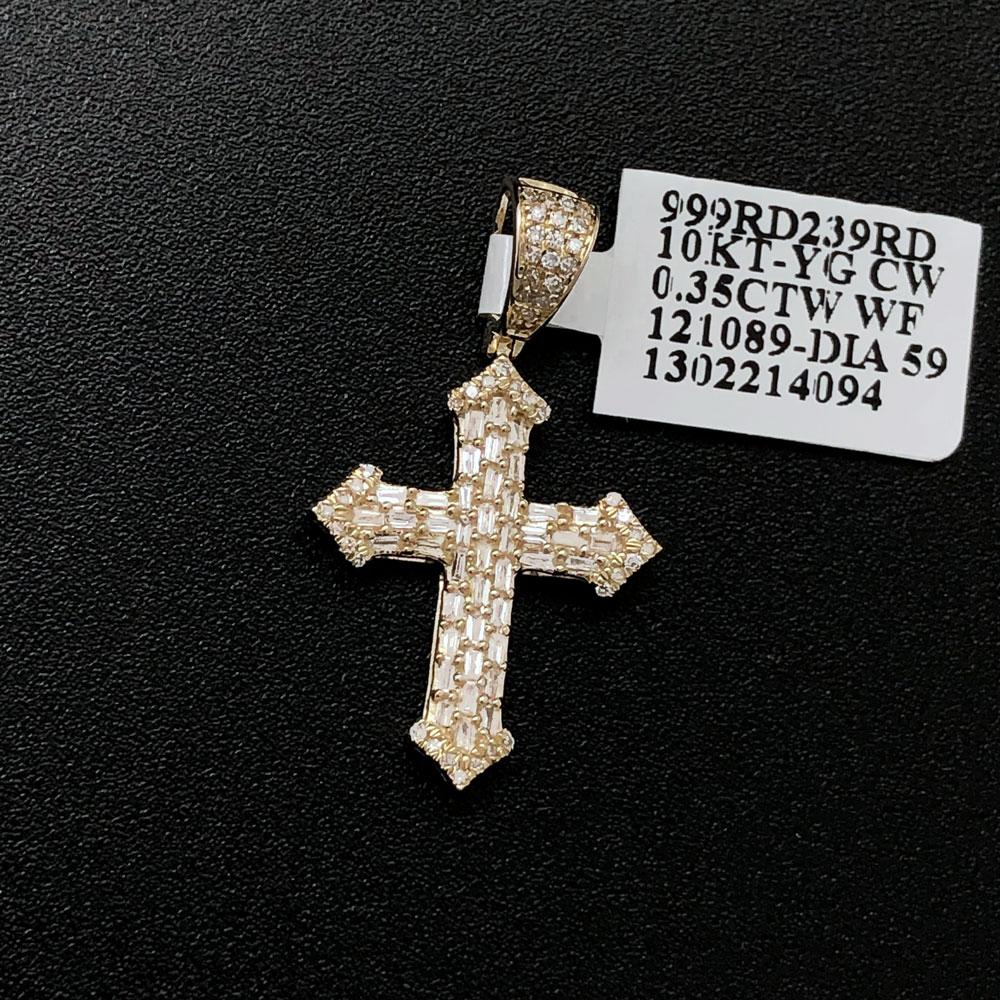 Sharp Cross Baguette Diamond Pendant .35cttw 10K Yellow Gold HipHopBling