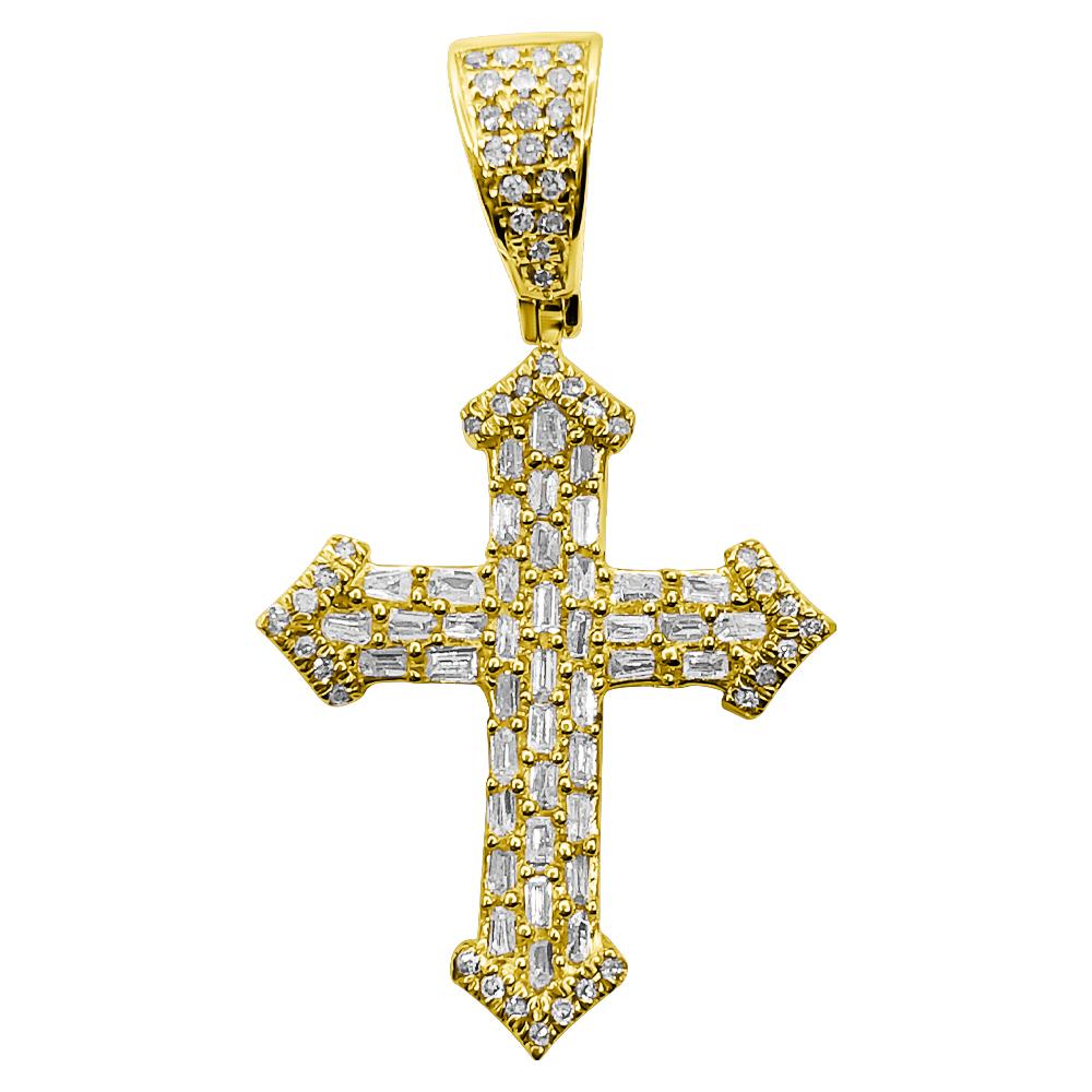 Sharp Cross Baguette Diamond Pendant .35cttw 10K Yellow Gold HipHopBling