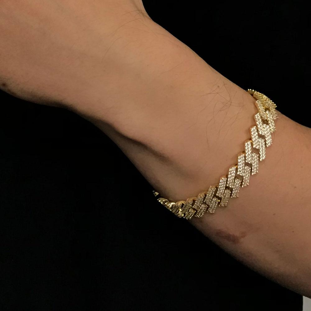Sharp Cuban 14MM Iced Out Bracelet Yellow Gold 7" HipHopBling