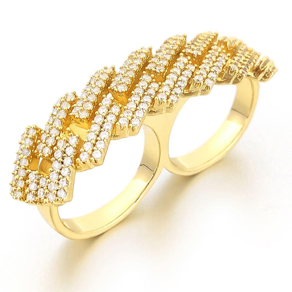 Sharp Cuban Bling Bling 2 Finger Ring White Gold One Size HipHopBling