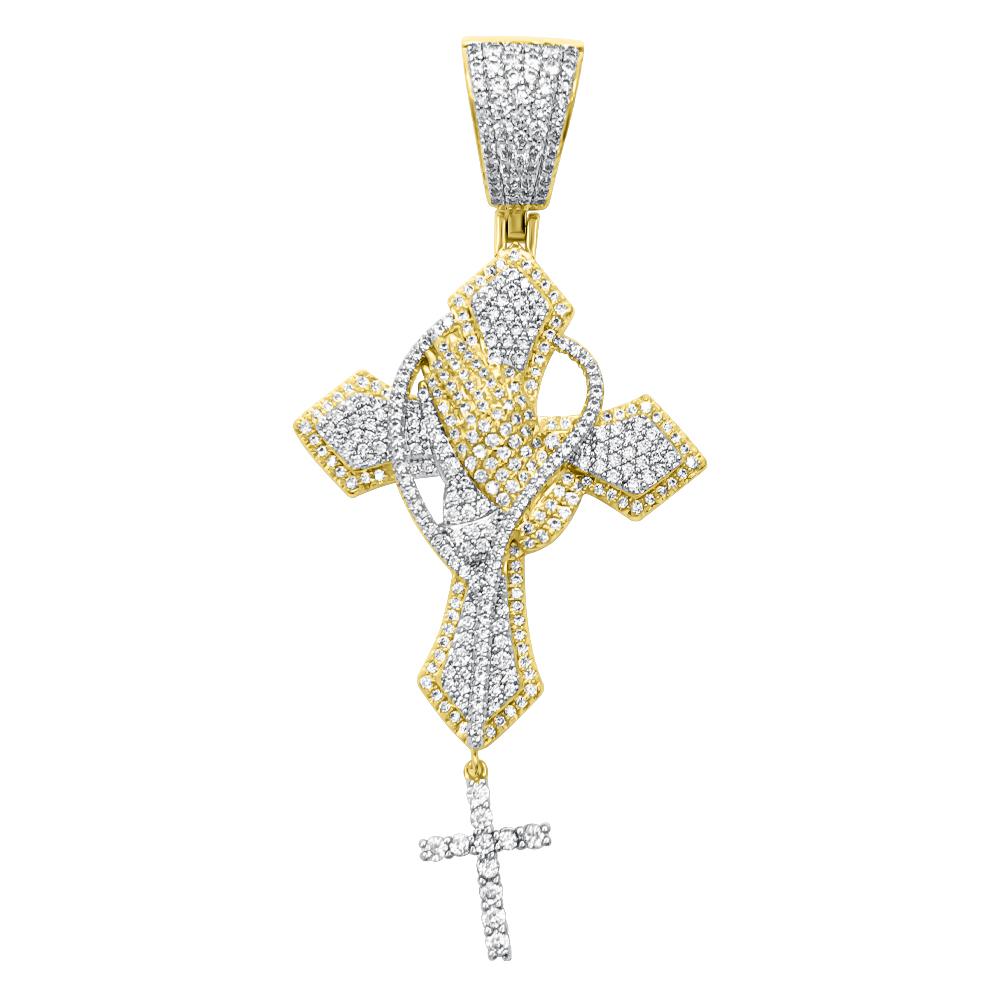 Sharp Prayer Dangling Cross VVS CZ Hip Hop Iced Out Pendant Yellow Gold HipHopBling