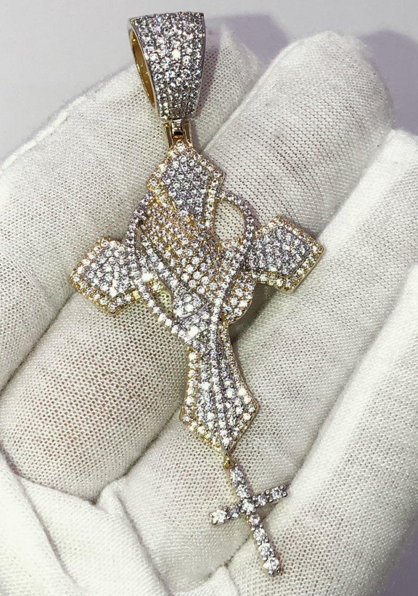 Sharp Prayer Dangling Cross VVS CZ Hip Hop Iced Out Pendant Yellow Gold HipHopBling