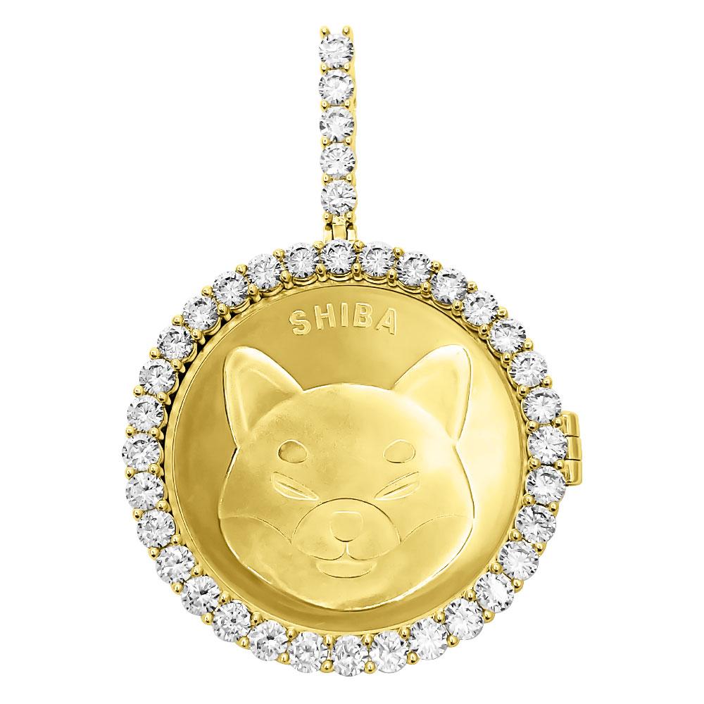 SHIBA Coin Iced Out Frame Pendant Yellow Gold Tennis CZ Frame HipHopBling