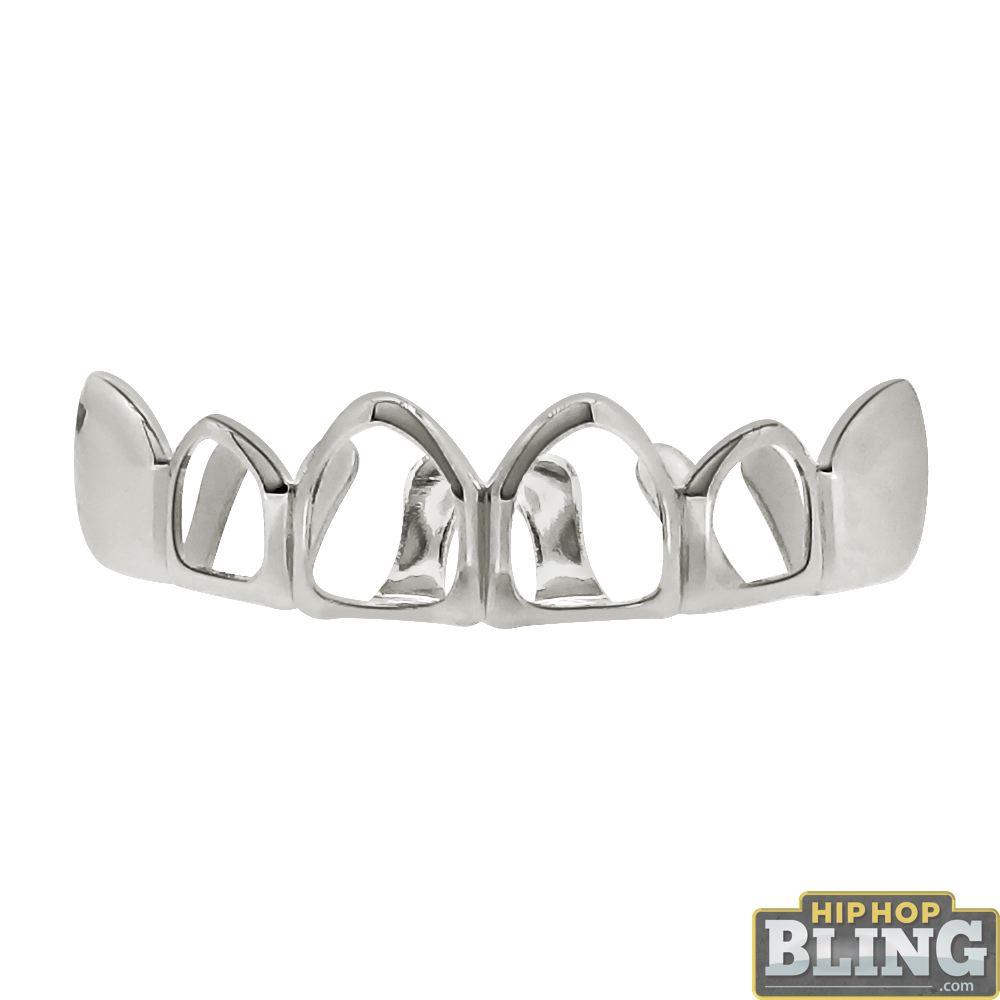 Silver Grillz 4 Open Outline Top Teeth HipHopBling