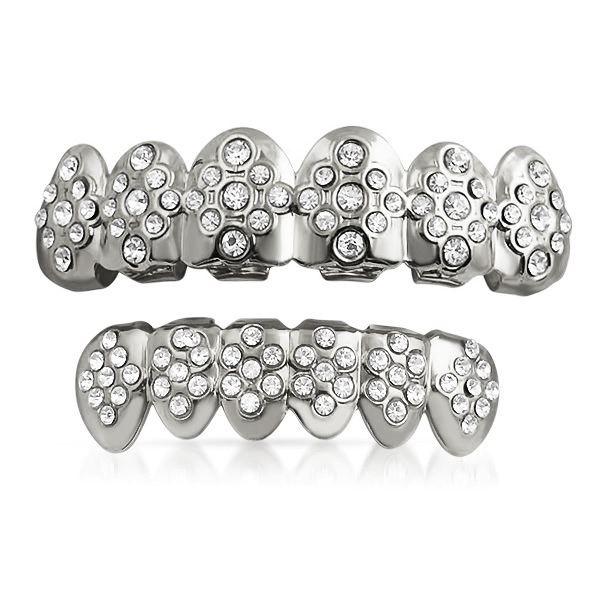 Silver Grillz Set Diamond ice Style Teeth Set HipHopBling