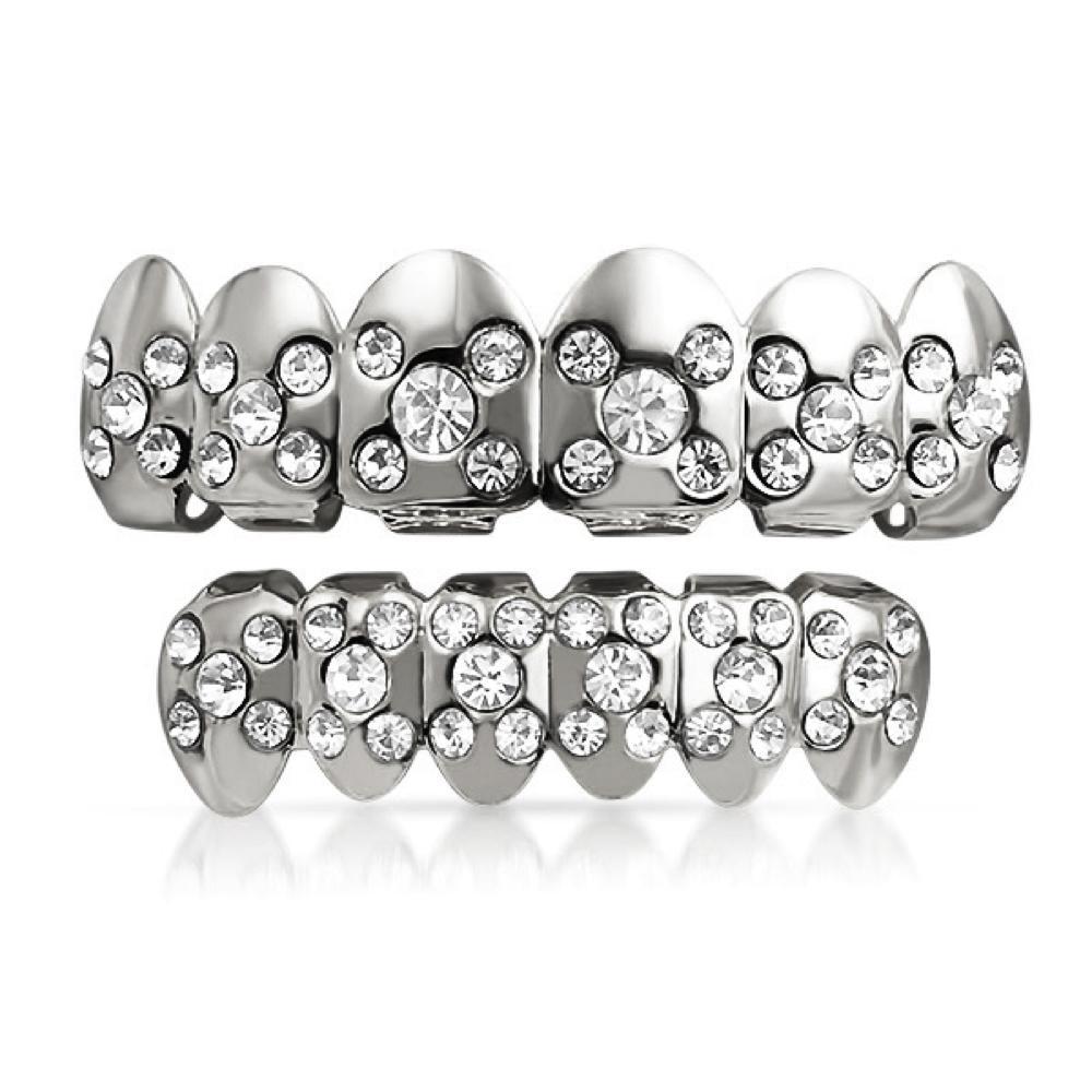 Silver Grillz Set X Ice Pattern Top Bottom HipHopBling