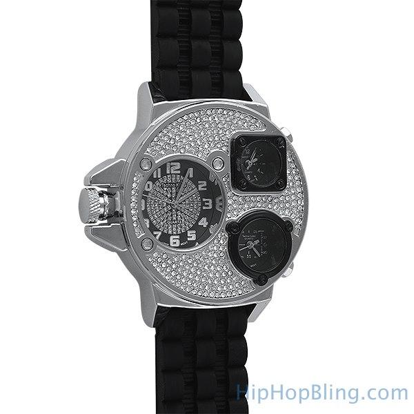 Silver Ice Triple Time Zone Rubber Watch HipHopBling