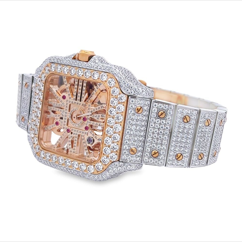 Skeleton Iced Out Baller Square CZ Bust Down Watch 2 Tone White/Rose HipHopBling