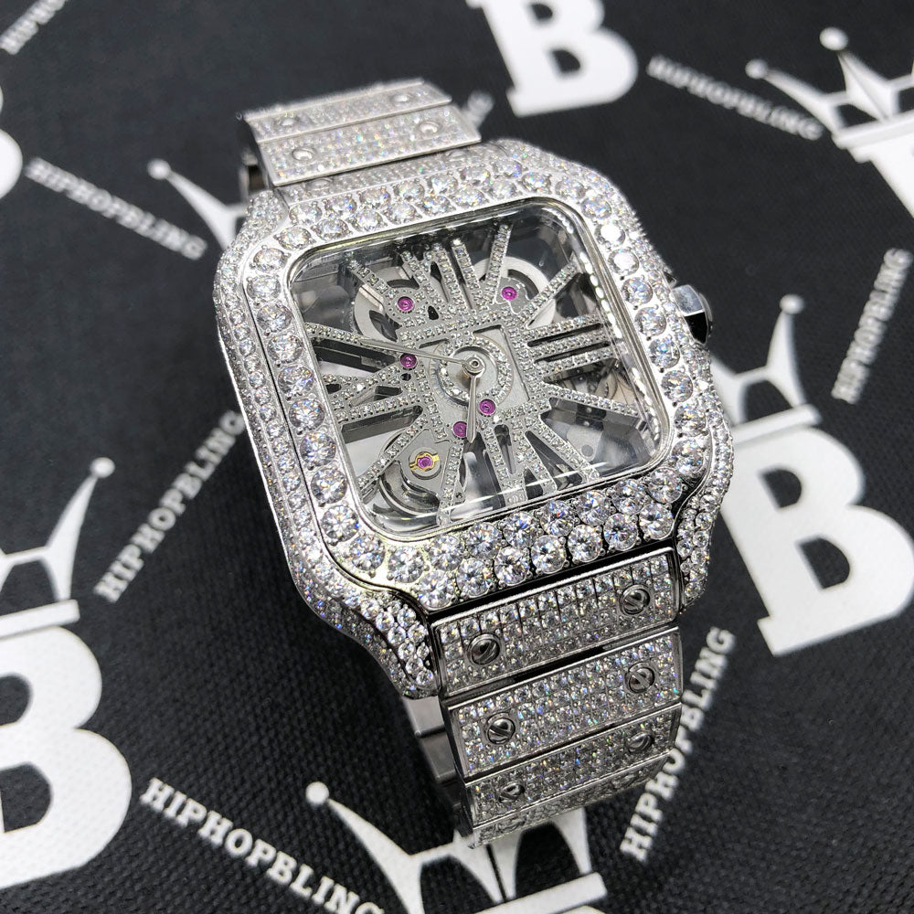 Iced Out Bust Down Cartier Watch Skeleton Iced Out Baller Square