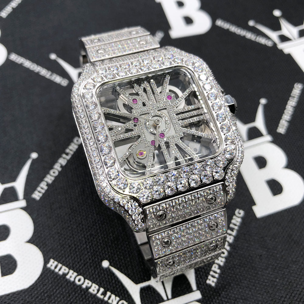 Skeleton Iced Out Baller Square CZ Bust Down Watch HipHopBling