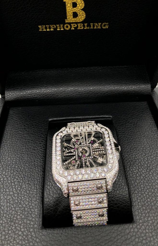 Skeleton Iced Out Baller Square CZ Bust Down Watch White Gold HipHopBling