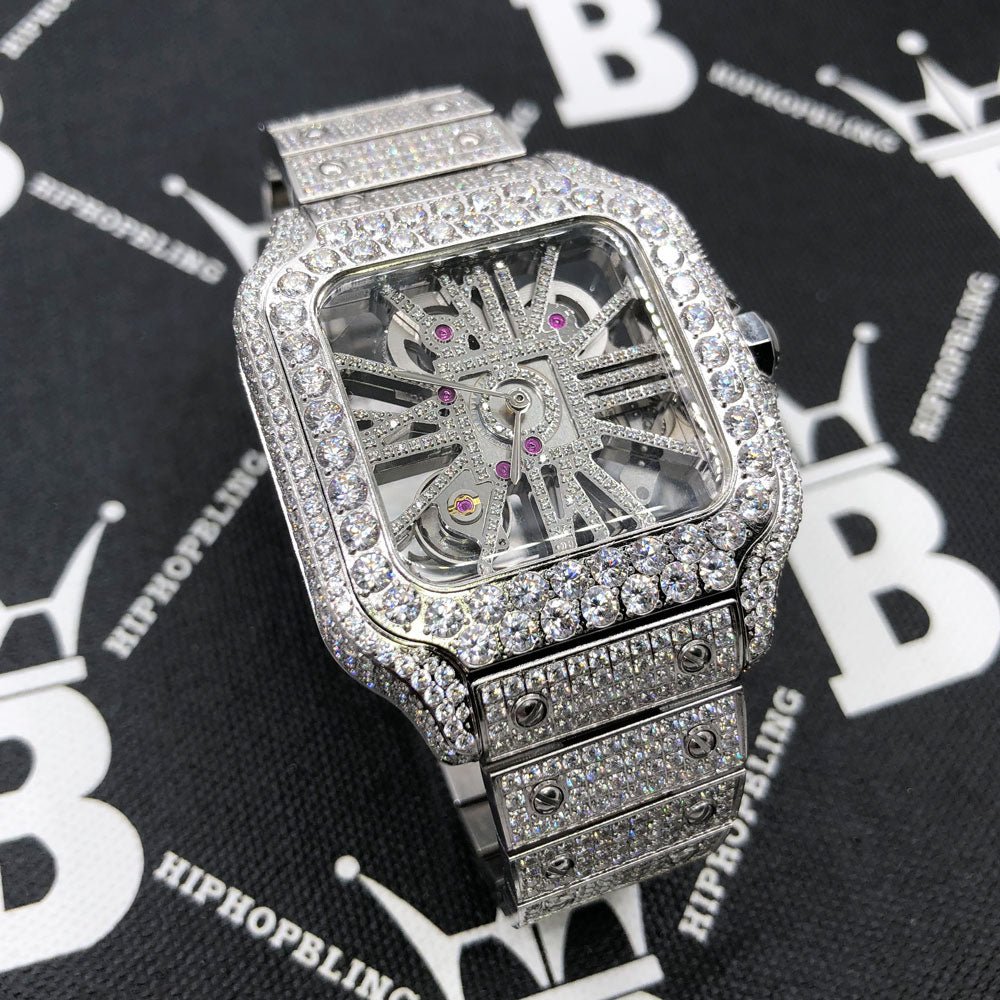 Skeleton Iced Out Baller Square CZ Bust Down Watch White Gold HipHopBling
