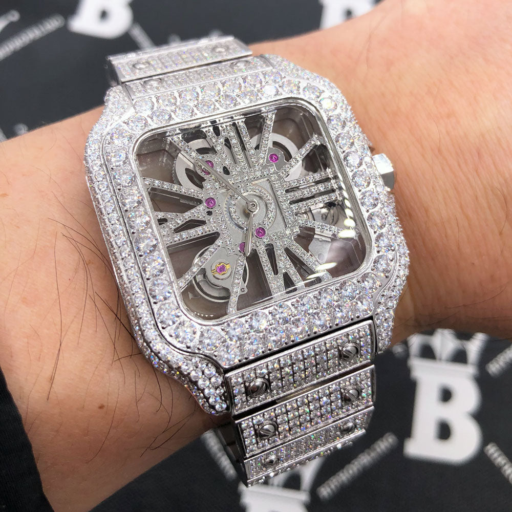 Skeleton Iced Out Baller Square CZ Bust Down Watch White Gold HipHopBling