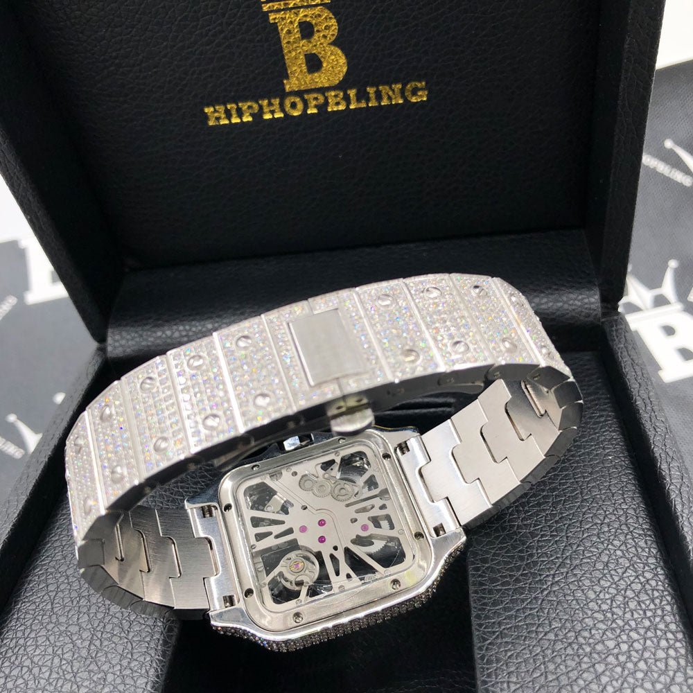 Skeleton Iced Out Baller Square CZ Bust Down Watch White Gold HipHopBling