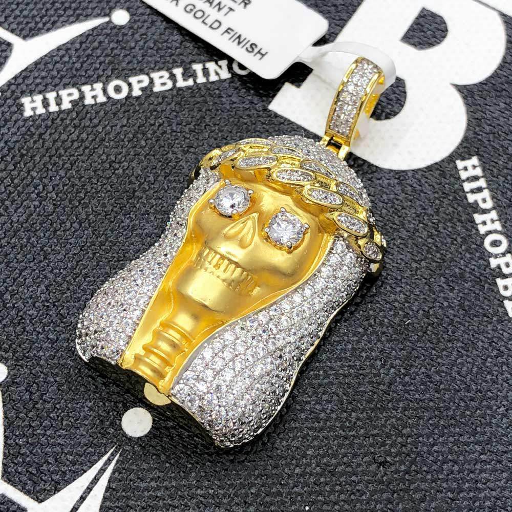 Skeleton Jesus Piece CZ Hip Hop Bling Bling Pendant Yellow Gold HipHopBling
