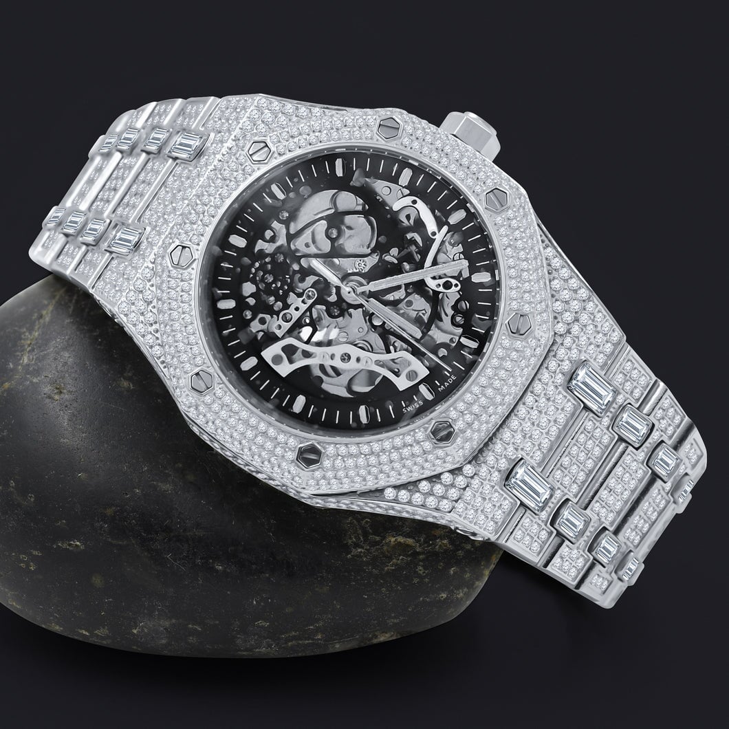 Skeleton Micro Pave Stainless Steel CZ Watch White Gold HipHopBling