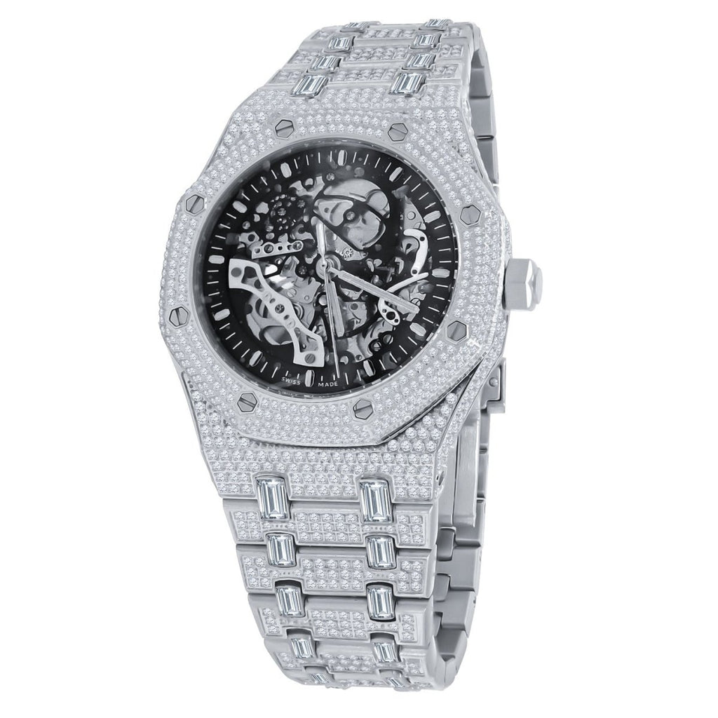 Skeleton Micro Pave Stainless Steel CZ Watch White Gold HipHopBling