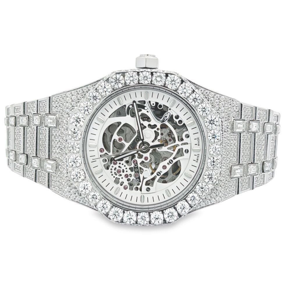 Skeleton Moissanite Steel VVS Iced Out Watch White Gold HipHopBling