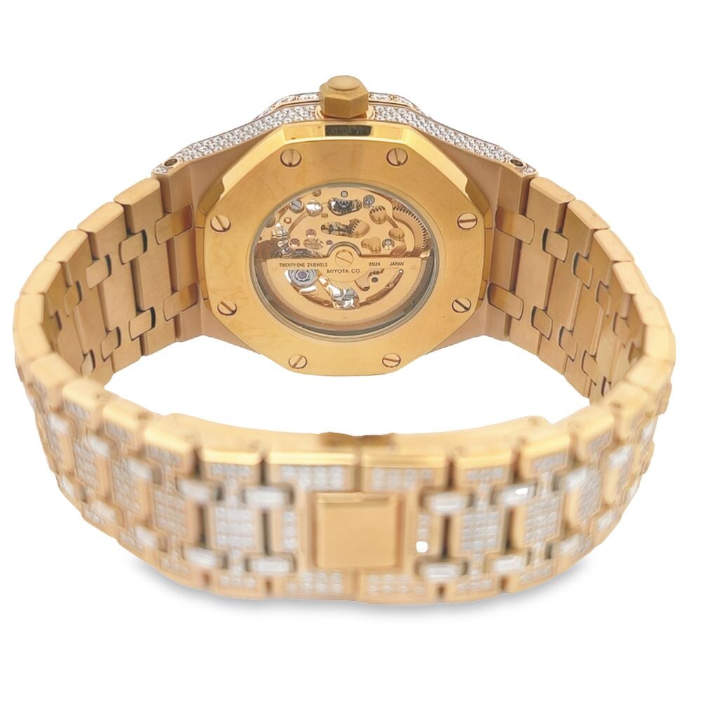 Skeleton Moissanite Steel VVS Iced Out Watch Yellow Gold HipHopBling