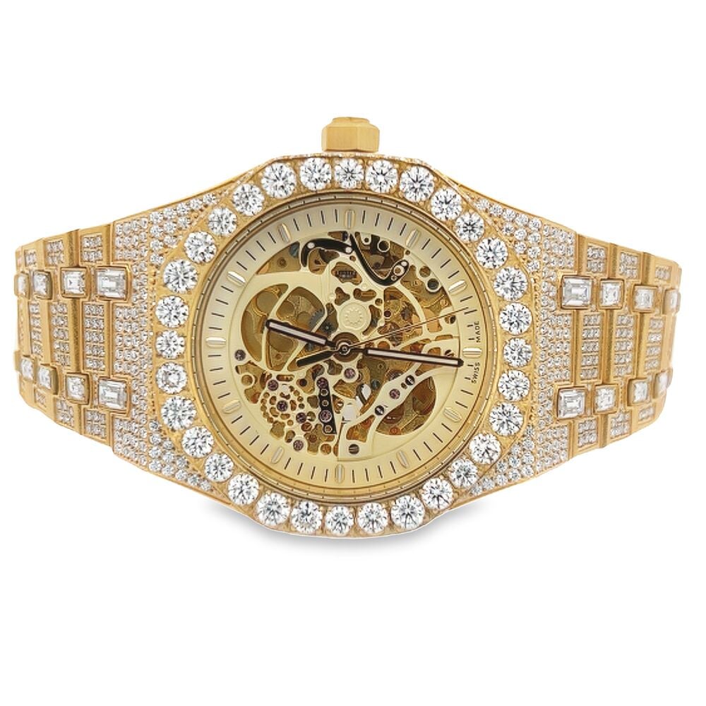 Skeleton Moissanite Steel VVS Iced Out Watch Yellow Gold HipHopBling