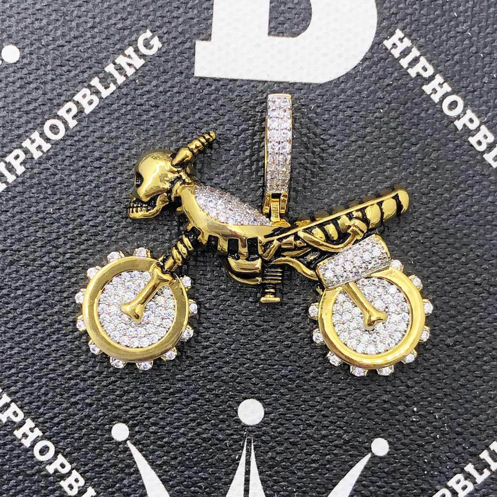 Skeleton Motorcycle CZ Hip Hop Bling Bling Pendant Yellow Gold HipHopBling