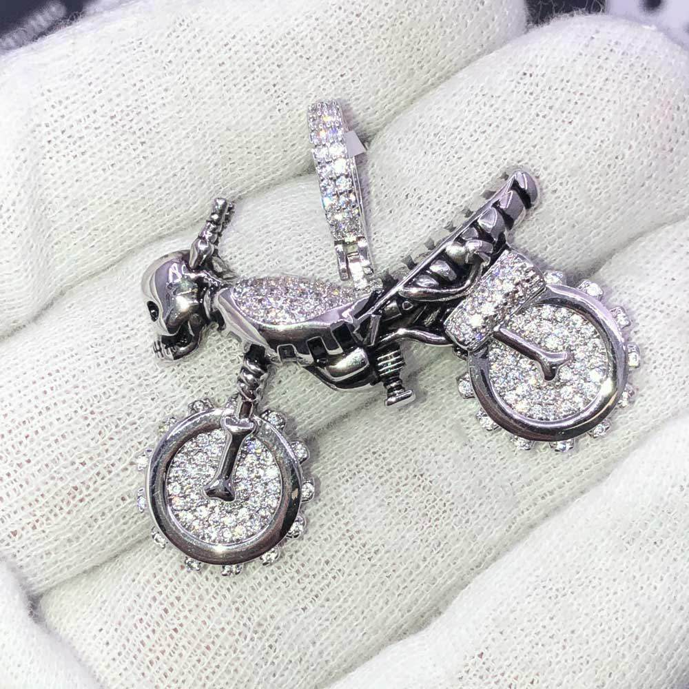 Skeleton Motorcycle CZ Hip Hop Bling Bling Pendant Yellow Gold HipHopBling