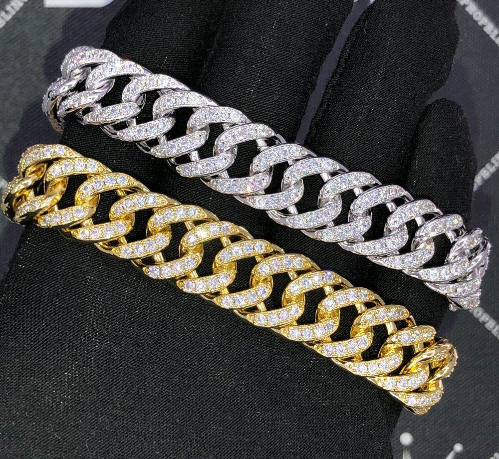 Skinny Cuban Link 15MM VVS Iced Out Hip Hop Bracelet Yellow Gold 8" HipHopBling