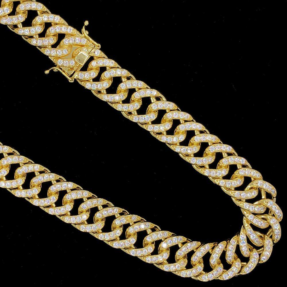 Skinny Link Cuban 15MM Bling Bling CZ Iced Out Chain Yellow Gold 18" HipHopBling