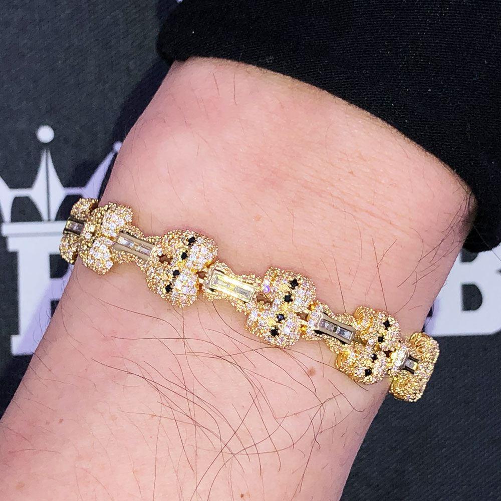 Skull & Bones Hip Hop CZ Iced Out Bracelet VVS Yellow Gold 8" HipHopBling