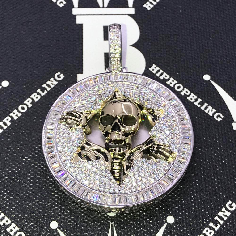 Skull Medallion Baguette CZ Hip Hop Bling Bling Pendant White Gold HipHopBling