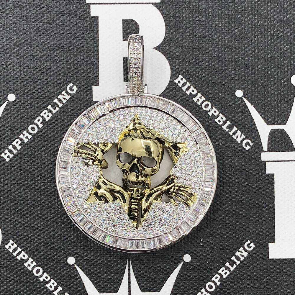 Skull Medallion Baguette CZ Hip Hop Bling Bling Pendant White Gold HipHopBling