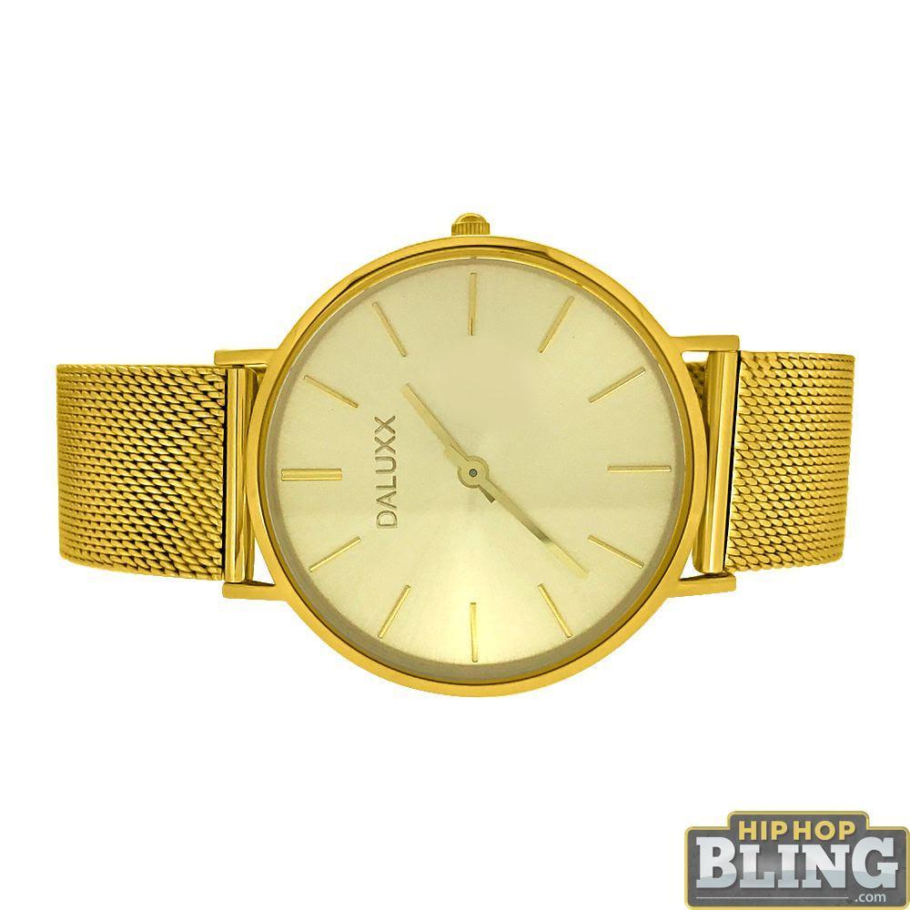 Slim Case Watch All Gold Steel Mesh Band HipHopBling