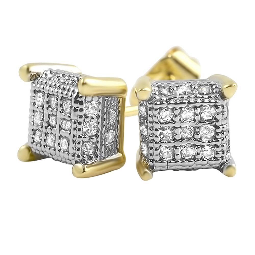 Small 3D Cube Gold CZ Micro Pave Iced Out Earrings HipHopBling