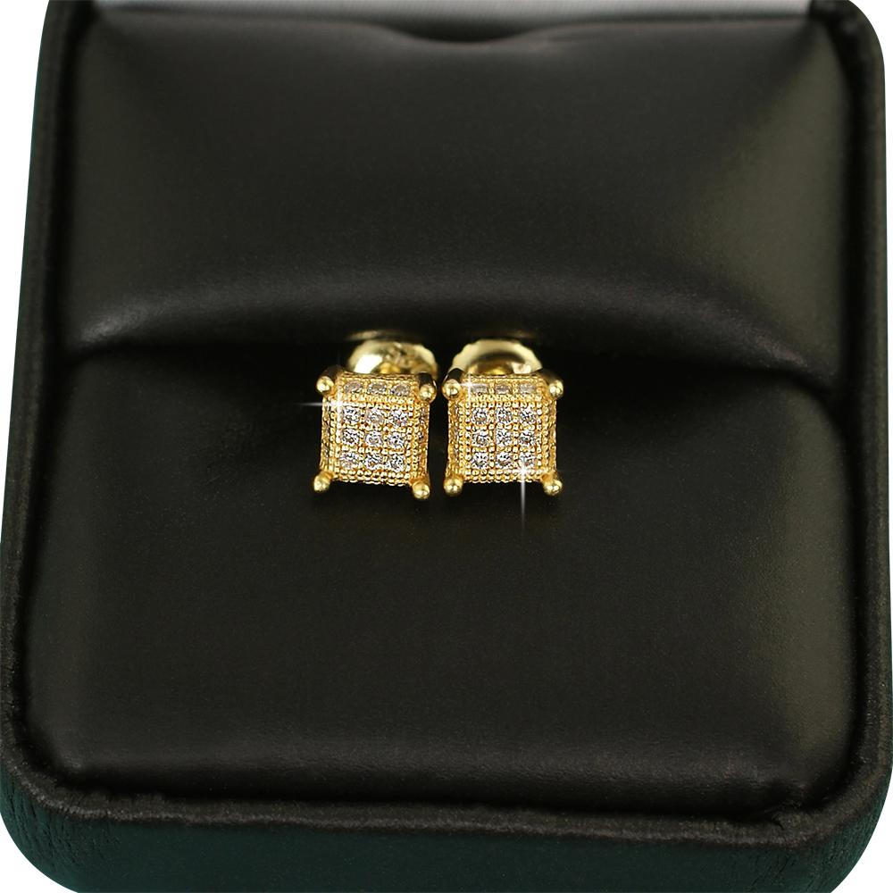 Small 3D Cube VVS Moissanite Earrings .925 Sterling Silver Yellow Gold HipHopBling