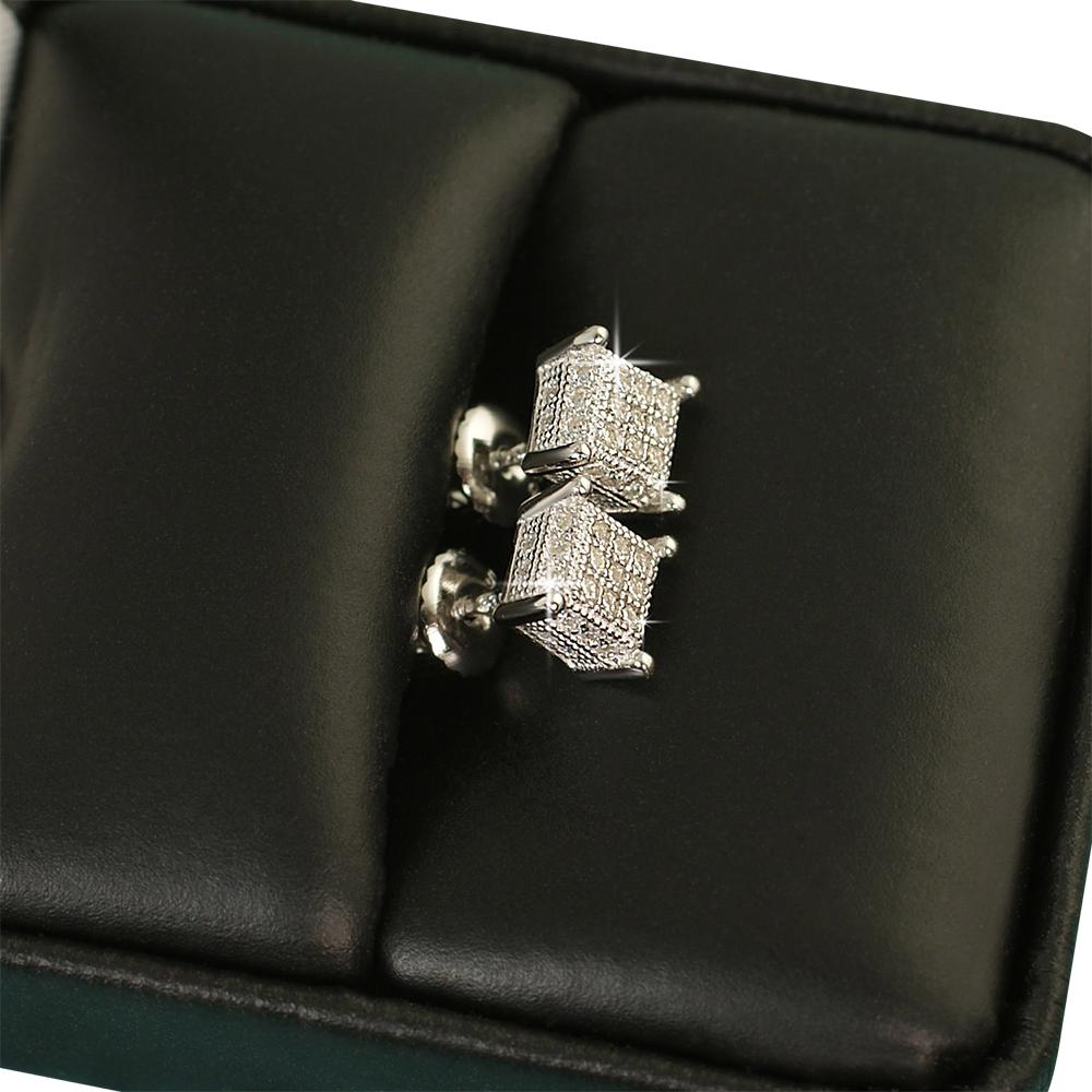 Small 3D Cube VVS Moissanite Earrings .925 Sterling Silver Yellow Gold HipHopBling
