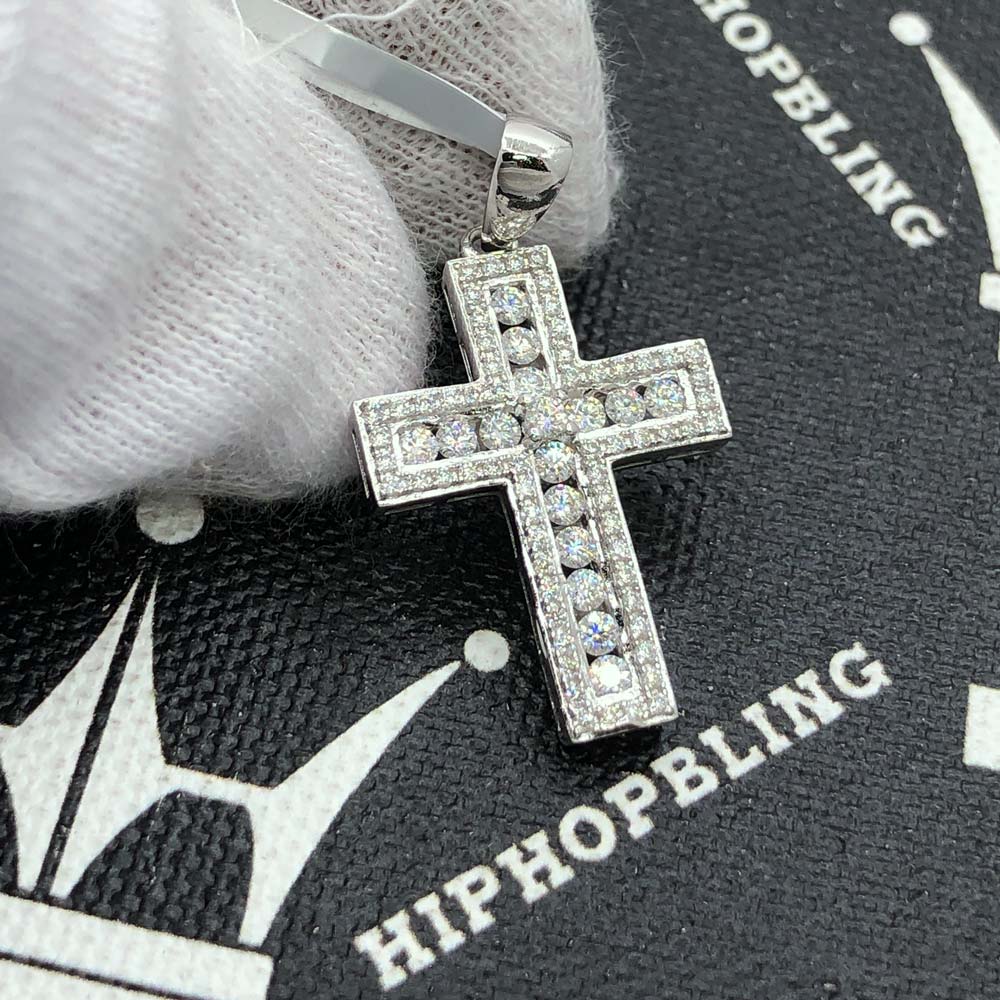 Small Channel Set Cross VVS Moissanite Pendant .925 Sterling Silver HipHopBling
