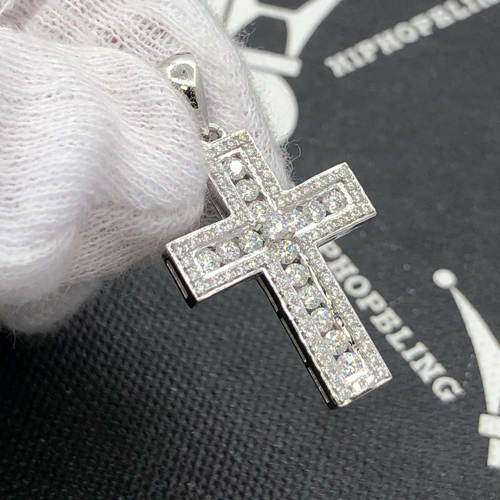 Small Channel Set Cross VVS Moissanite Pendant .925 Sterling Silver HipHopBling