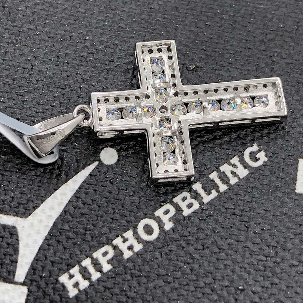 Small Channel Set Cross VVS Moissanite Pendant .925 Sterling Silver HipHopBling